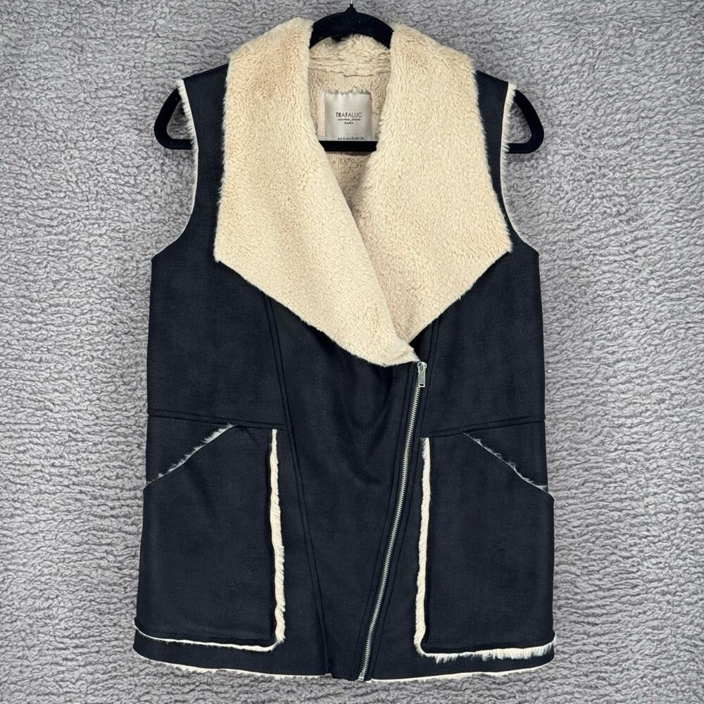 Zara Trafaluc Oversized Layering Blk Cream Faux Suede Shearling‎ Moto Vest Small